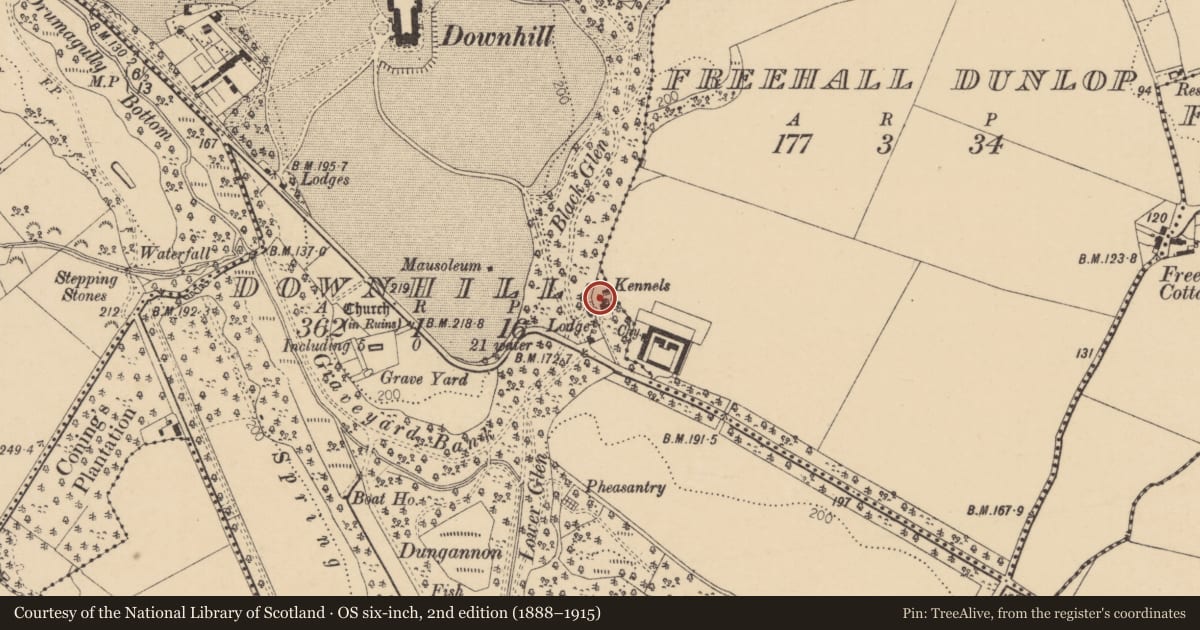 Ordnance Survey six-inch map, 2nd edition (1888–1915) covering the location of The Keepers Lodge, Downhill, Causeway Coast and Glens, with a pin at the register's coordinates