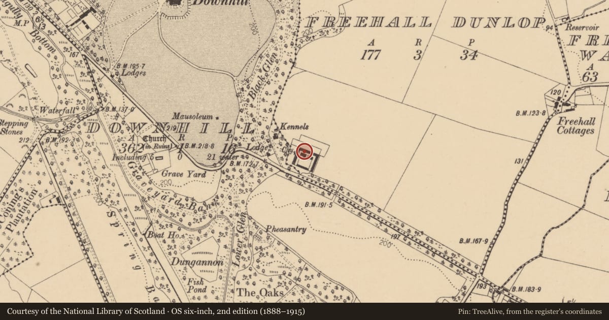 Ordnance Survey six-inch map, 2nd edition (1888–1915) covering the location of Outbuildings, Downhill, Causeway Coast and Glens, with a pin at the register's coordinates