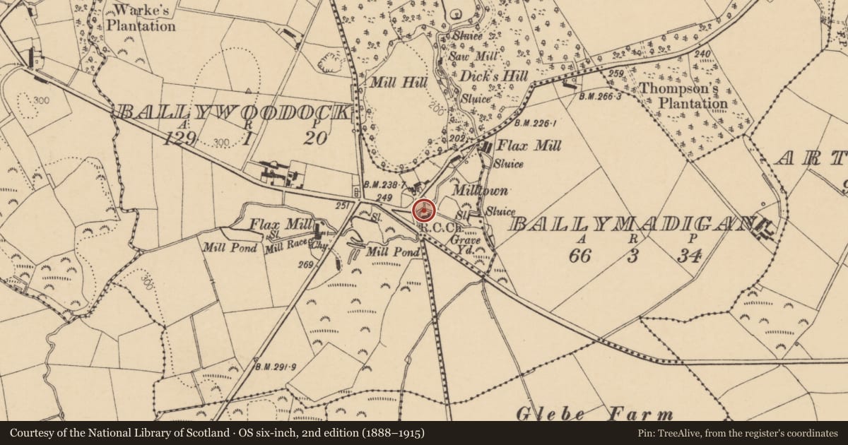 Ordnance Survey six-inch map, 2nd edition (1888–1915) covering the location of St. Mary's RC Church, Ballywoodock, Causeway Coast and Glens, with a pin at the register's coordinates