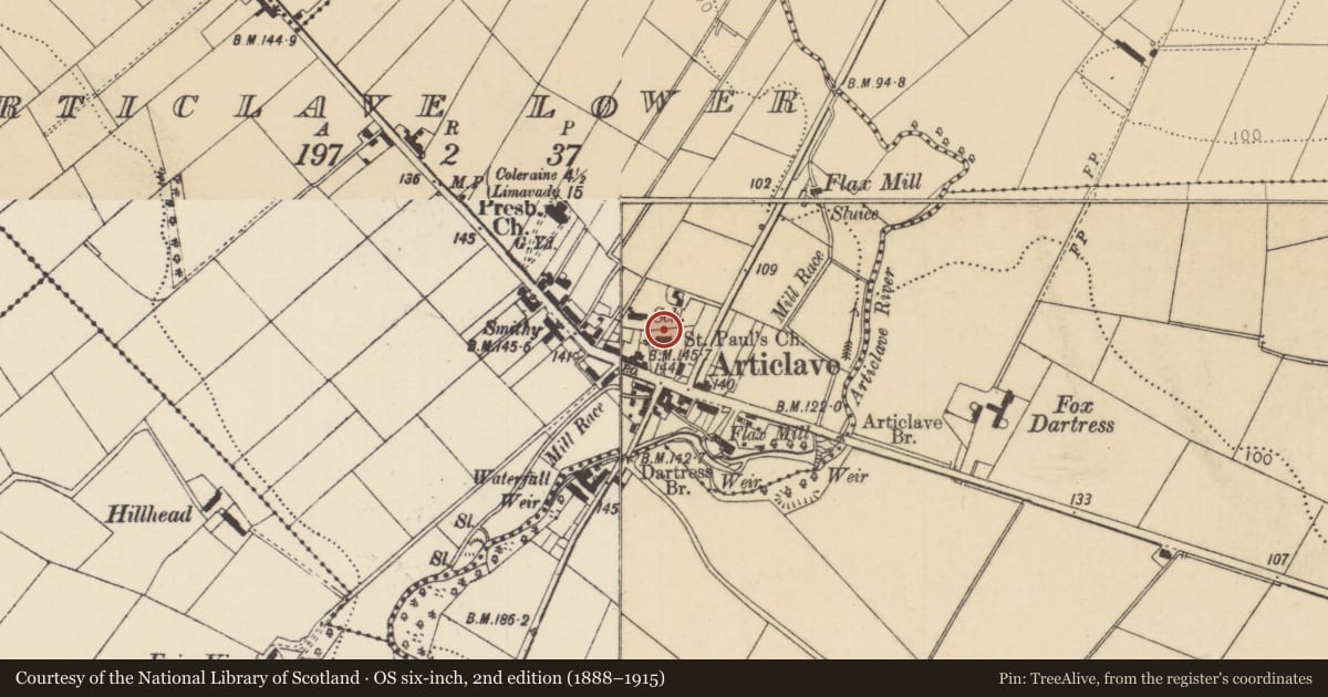 Ordnance Survey six-inch map, 2nd edition (1888–1915) covering the location of St. Paul's Parish Church, Articlave Lower, Causeway Coast and Glens, with a pin at the register's coordinates