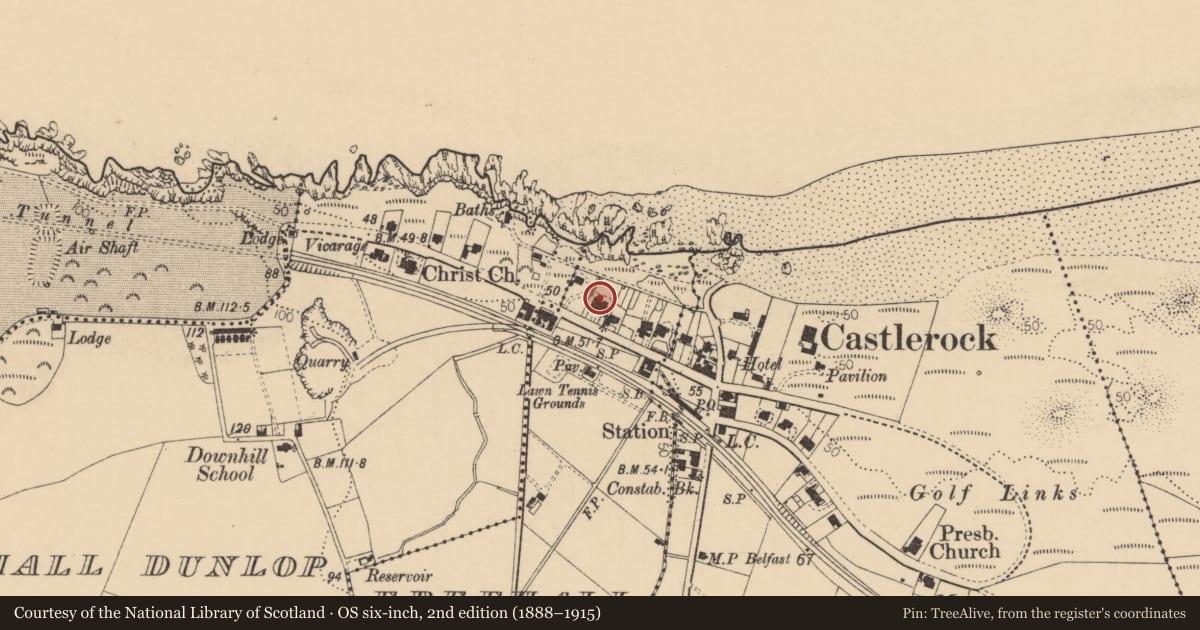 Ordnance Survey six-inch map, 2nd edition (1888–1915) covering the location of 27 Main Street, Freehall Watson, Causeway Coast and Glens, with a pin at the register's coordinates