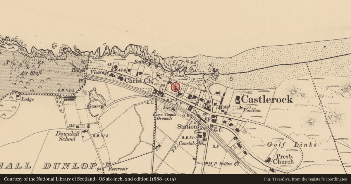 Ordnance Survey six-inch map, 2nd edition (1888–1915) covering the location of 29 Main Street, Freehall Watson, Causeway Coast and Glens, with a pin at the register's coordinates