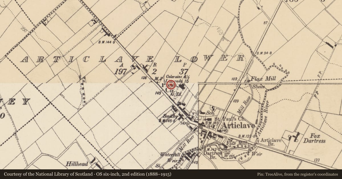 Ordnance Survey six-inch map, 2nd edition (1888–1915) covering the location of First Dunboe Presbyterian Church, Articlave Lower, Causeway Coast and Glens, with a pin at the register's coordinates