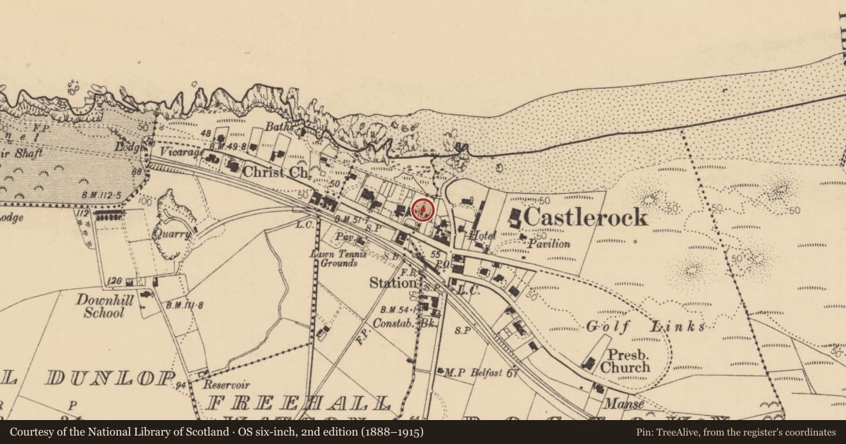 Ordnance Survey six-inch map, 2nd edition (1888–1915) covering the location of Temple Lodge, Causeway Coast and Glens, with a pin at the register's coordinates