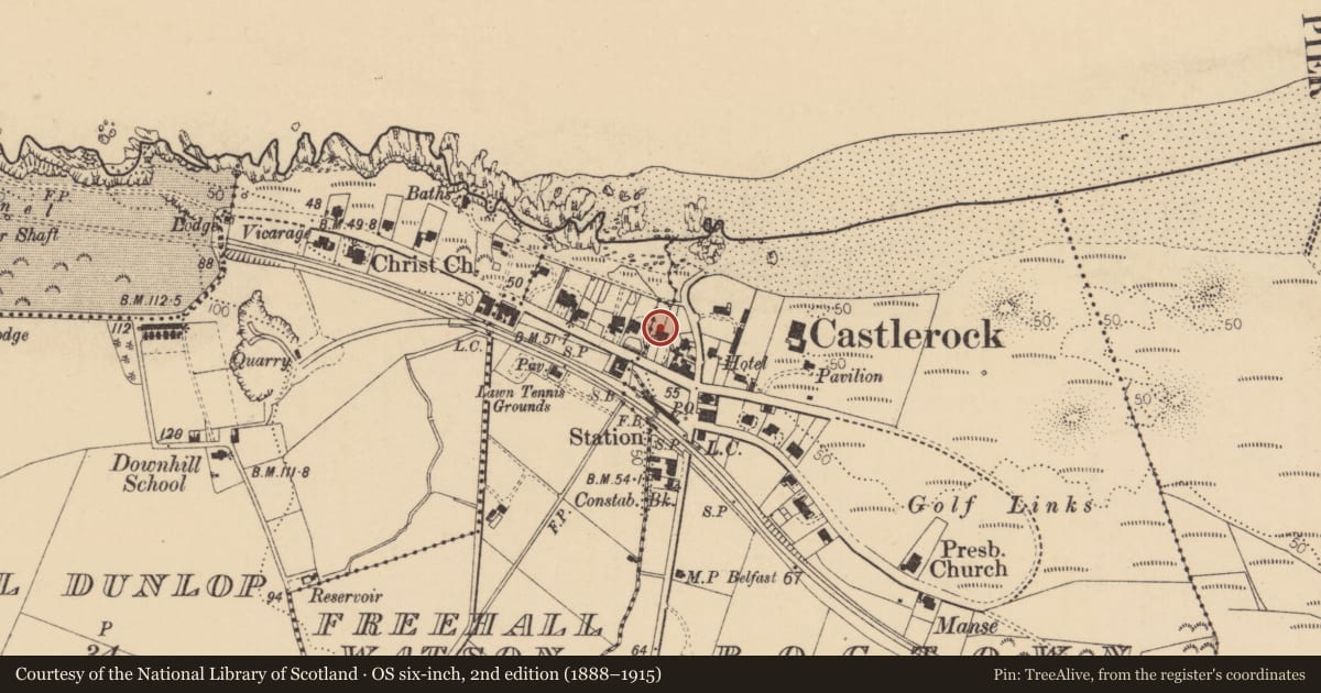 Ordnance Survey six-inch map, 2nd edition (1888–1915) covering the location of Temple Lounge, Causeway Coast and Glens, with a pin at the register's coordinates