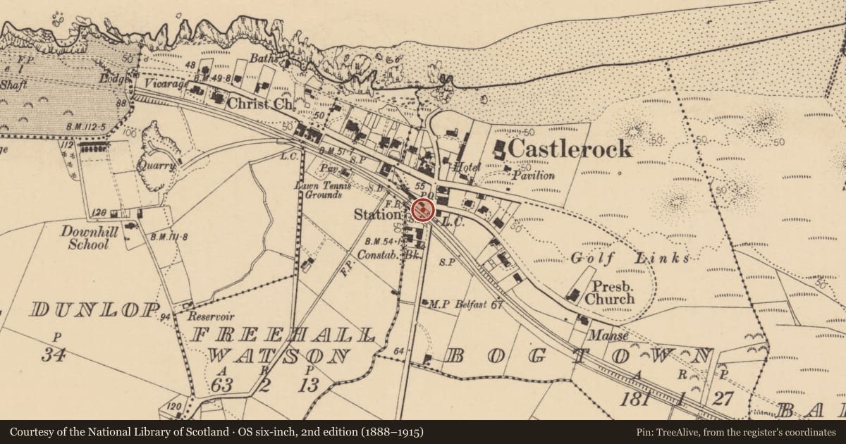 Ordnance Survey six-inch map, 2nd edition (1888–1915) covering the location of Overbridge, Bogtown, Causeway Coast and Glens, with a pin at the register's coordinates