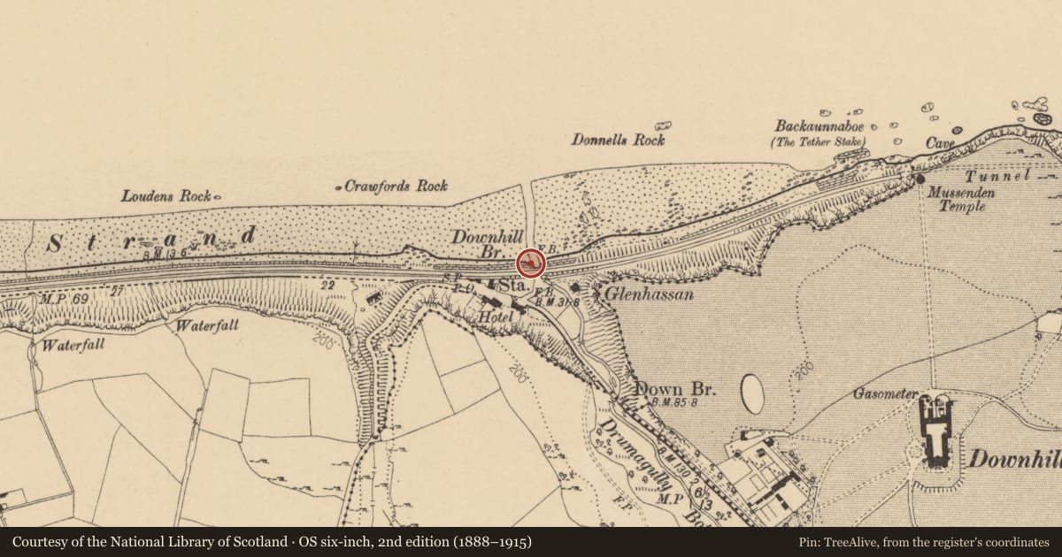Ordnance Survey six-inch map, 2nd edition (1888–1915) covering the location of Concrete Railway Bridge, Causeway Coast and Glens, with a pin at the register's coordinates