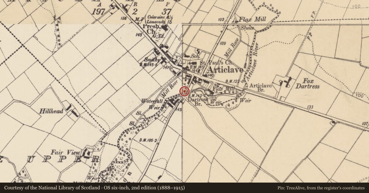 Ordnance Survey six-inch map, 2nd edition (1888–1915) covering the location of Dartress Bridge, Articlave Lower/Dartress, Causeway Coast and Glens, with a pin at the register's coordinates