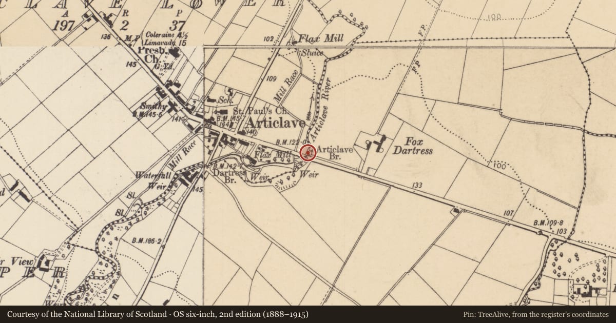 Ordnance Survey six-inch map, 2nd edition (1888–1915) covering the location of Articlave Bridge, Articlave Lower/Dartress, Causeway Coast and Glens, with a pin at the register's coordinates