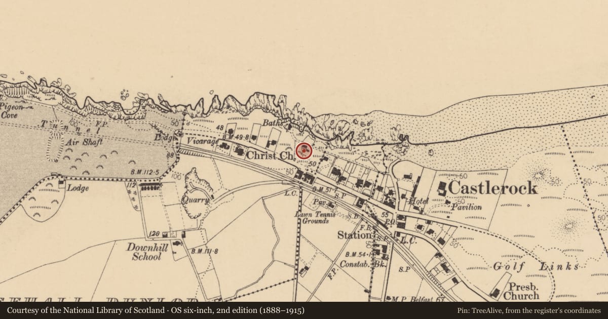 Ordnance Survey six-inch map, 2nd edition (1888–1915) covering the location of 37 Main Street, Freehall Dunlop, Causeway Coast and Glens, with a pin at the register's coordinates