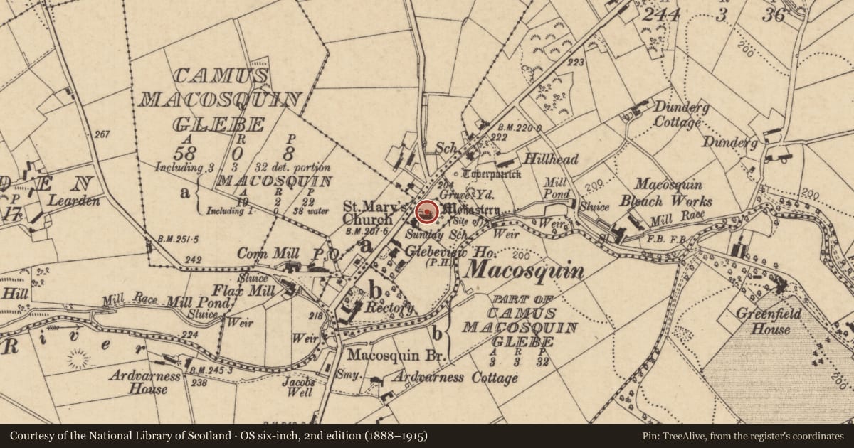 Ordnance Survey six-inch map, 2nd edition (1888–1915) covering the location of St Mary's Church, Camus Macosquin Glebe, Causeway Coast and Glens, with a pin at the register's coordinates