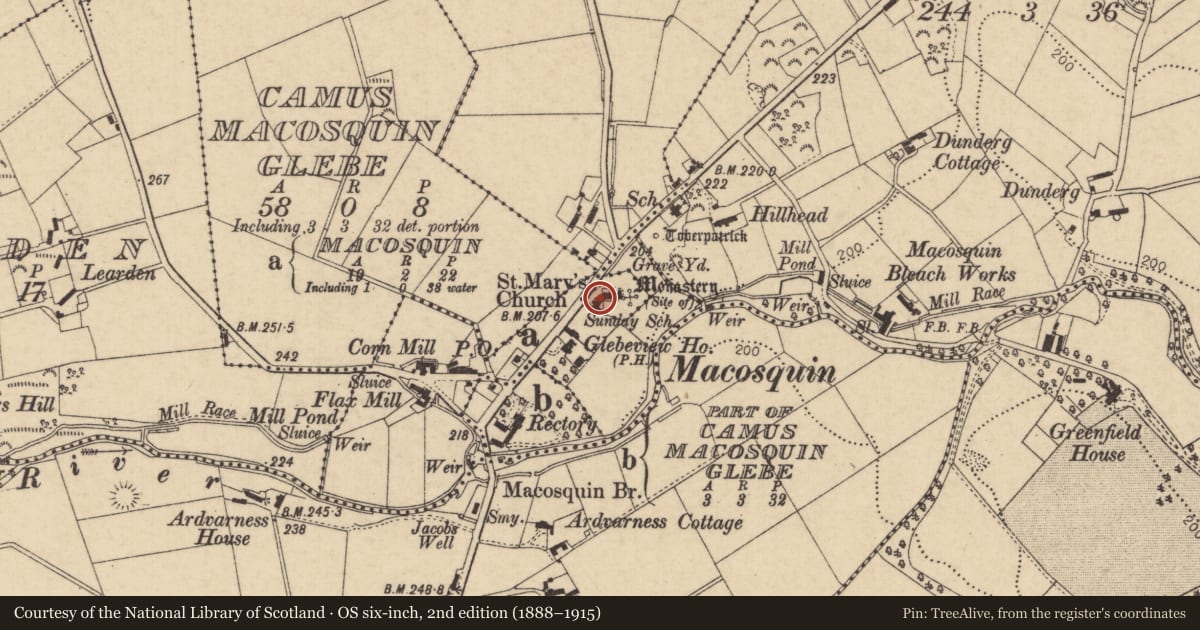 Ordnance Survey six-inch map, 2nd edition (1888–1915) covering the location of Sunday School, Camus Macosquin Glebe, Causeway Coast and Glens, with a pin at the register's coordinates