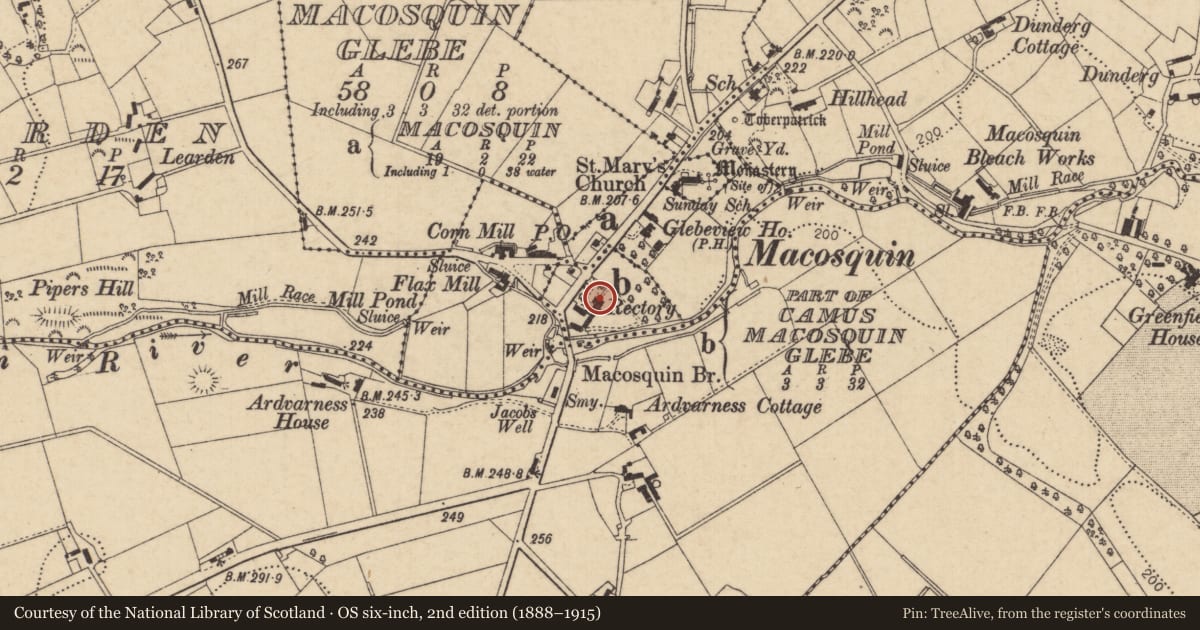 Ordnance Survey six-inch map, 2nd edition (1888–1915) covering the location of The Old Rectory, Camus Macosquin Glebe, Causeway Coast and Glens, with a pin at the register's coordinates