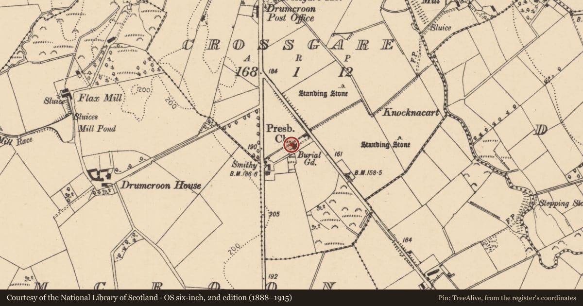 Ordnance Survey six-inch map, 2nd edition (1888–1915) covering the location of Crossgar Presbyterian Church, Causeway Coast and Glens, with a pin at the register's coordinates