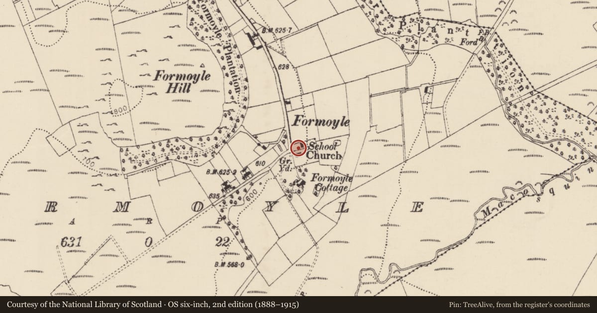 Ordnance Survey six-inch map, 2nd edition (1888–1915) covering the location of Formoyle Parish Church, Causeway Coast and Glens, with a pin at the register's coordinates