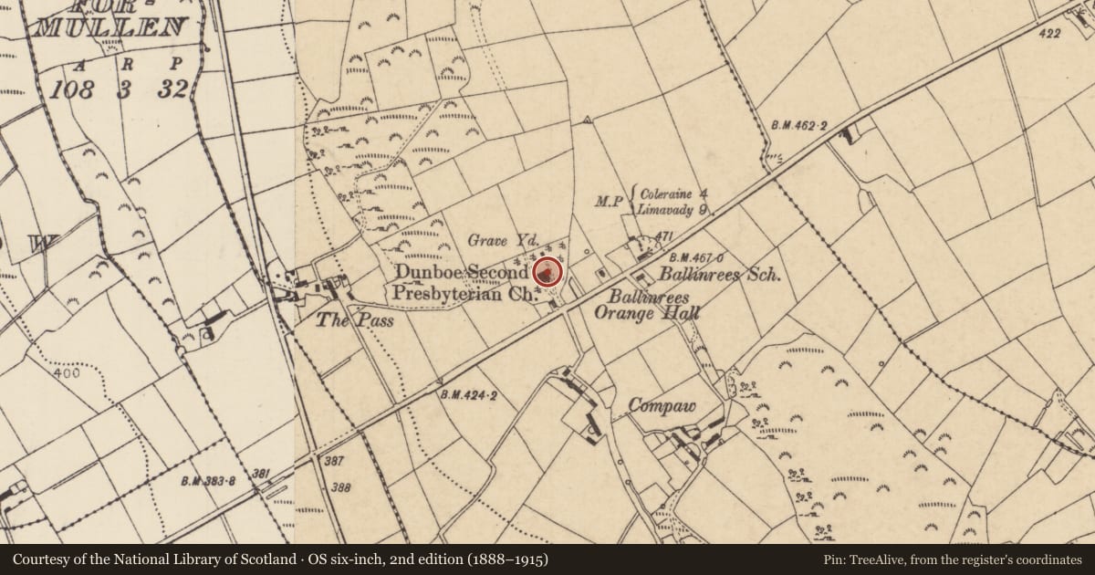 Ordnance Survey six-inch map, 2nd edition (1888–1915) covering the location of Second Dunboe Presbyterian Church, Ballinrees, Causeway Coast and Glens, with a pin at the register's coordinates