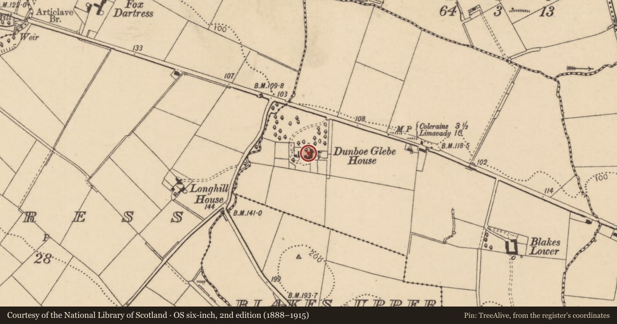 Ordnance Survey six-inch map, 2nd edition (1888–1915) covering the location of Dunboe House, Blakes Lower, Causeway Coast and Glens, with a pin at the register's coordinates
