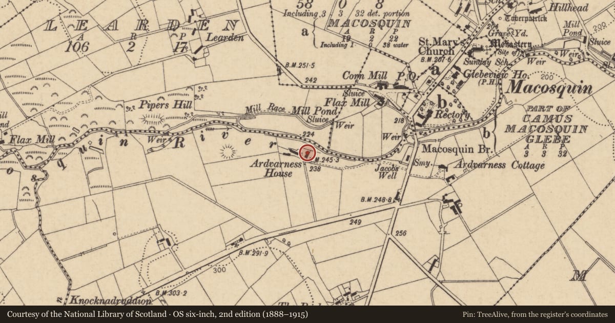 Ordnance Survey six-inch map, 2nd edition (1888–1915) covering the location of Dunhill Road, Causeway Coast and Glens, with a pin at the register's coordinates