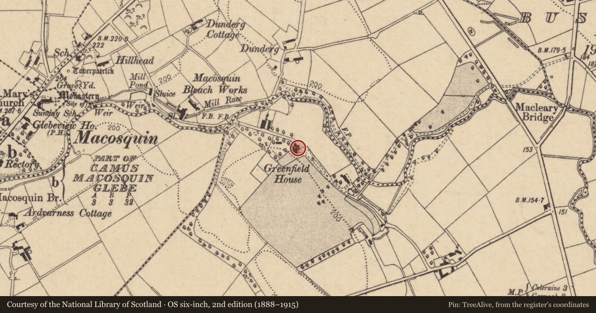 Ordnance Survey six-inch map, 2nd edition (1888–1915) covering the location of Dunderg House, Macleary, Causeway Coast and Glens, with a pin at the register's coordinates