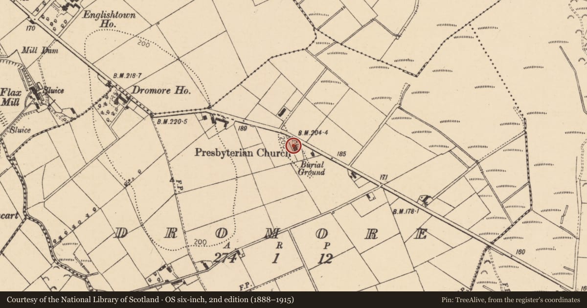 Ordnance Survey six-inch map, 2nd edition (1888–1915) covering the location of Dromore Presbyterian Church, Dromore (Macosquin), with a pin at the register's coordinates
