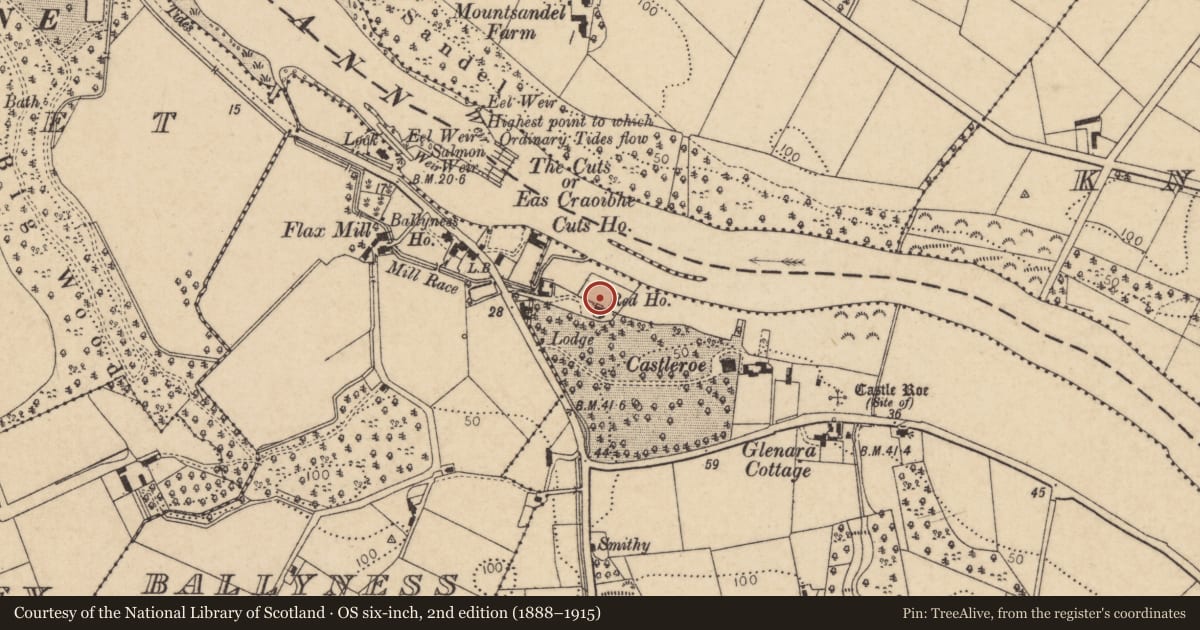 Ordnance Survey six-inch map, 2nd edition (1888–1915) covering the location of Red House, Castleroe, Causeway Coast and Glens, with a pin at the register's coordinates