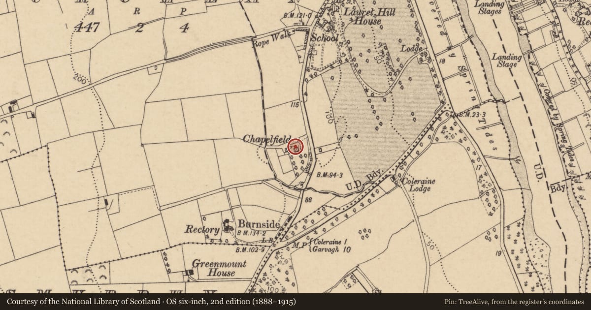 Ordnance Survey six-inch map, 2nd edition (1888–1915) covering the location of Chapelfield House, Churchland, Causeway Coast and Glens, with a pin at the register's coordinates