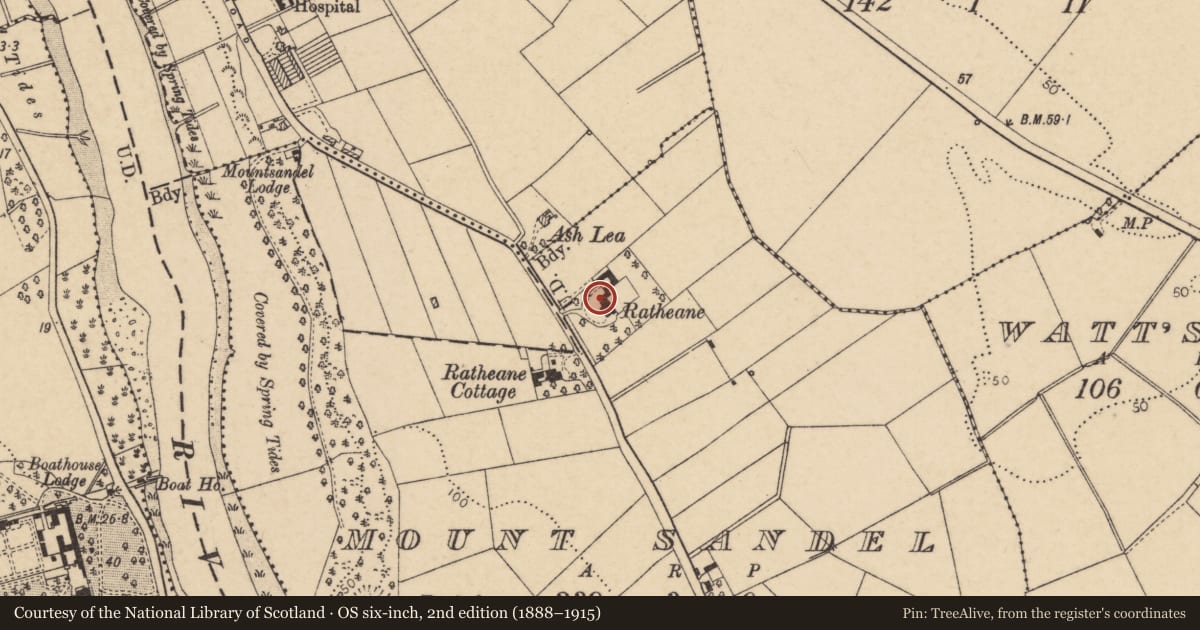Ordnance Survey six-inch map, 2nd edition (1888–1915) covering the location of Ratheane Private Nursing Home, Mount sandel, Causeway Coast and Glens, with a pin at the register's coordinates
