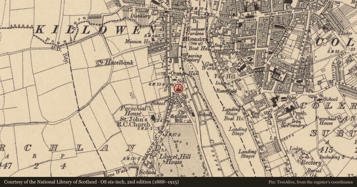 Ordnance Survey six-inch map, 2nd edition (1888–1915) covering the location of St John's Church of Ireland, Churchland, Causeway Coast and Glens, with a pin at the register's coordinates