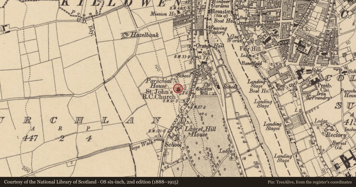 Ordnance Survey six-inch map, 2nd edition (1888–1915) covering the location of St John's Roman Catholic Church, Churchland, Causeway Coast and Glens, with a pin at the register's coordinates