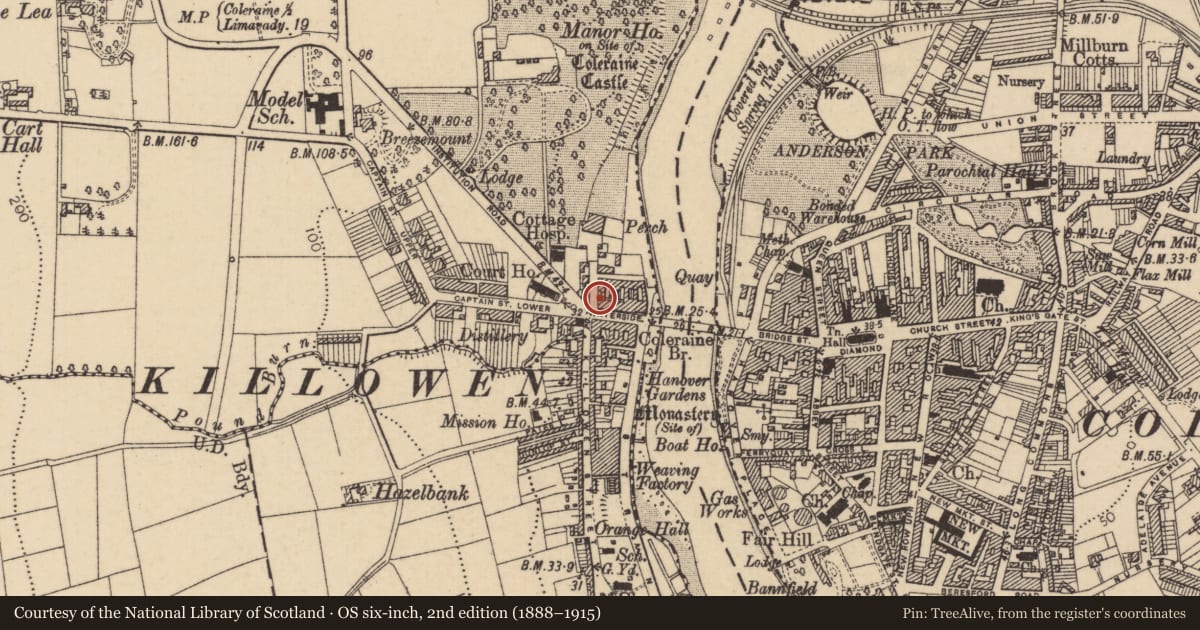 Ordnance Survey six-inch map, 2nd edition (1888–1915) covering the location of 19 Waterside, Causeway Coast and Glens, with a pin at the register's coordinates