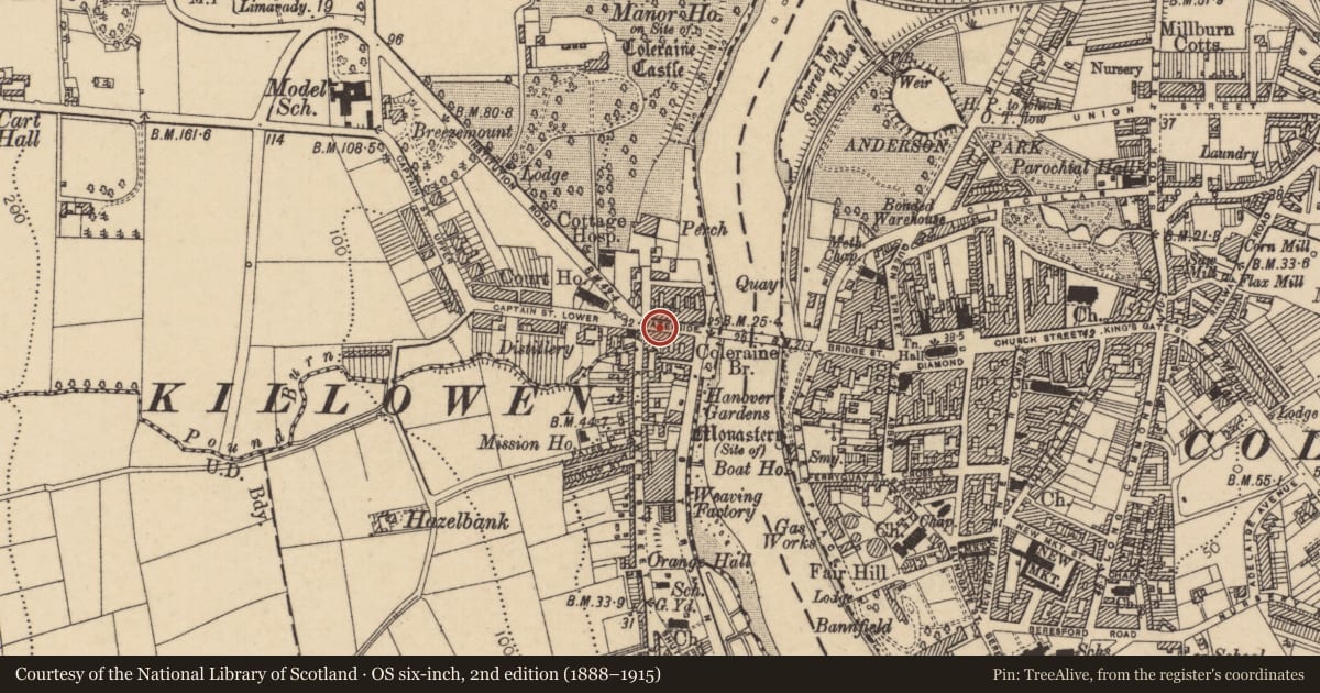 Ordnance Survey six-inch map, 2nd edition (1888–1915) covering the location of 14 Waterside, Causeway Coast and Glens, with a pin at the register's coordinates