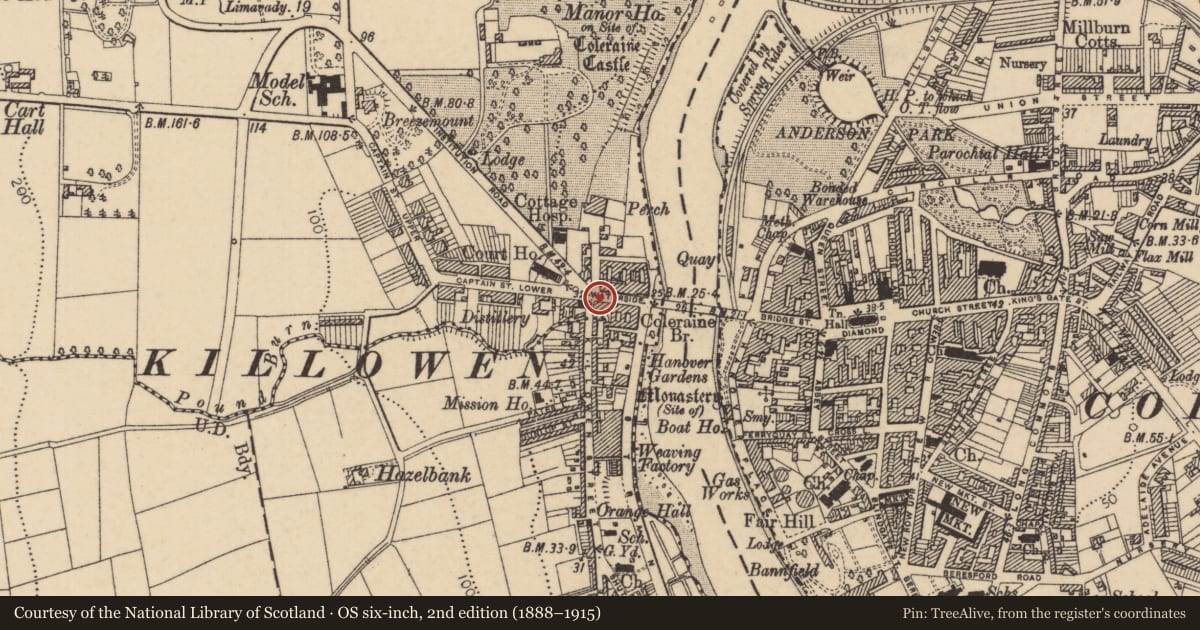 Ordnance Survey six-inch map, 2nd edition (1888–1915) covering the location of 18 Waterside, Causeway Coast and Glens, with a pin at the register's coordinates