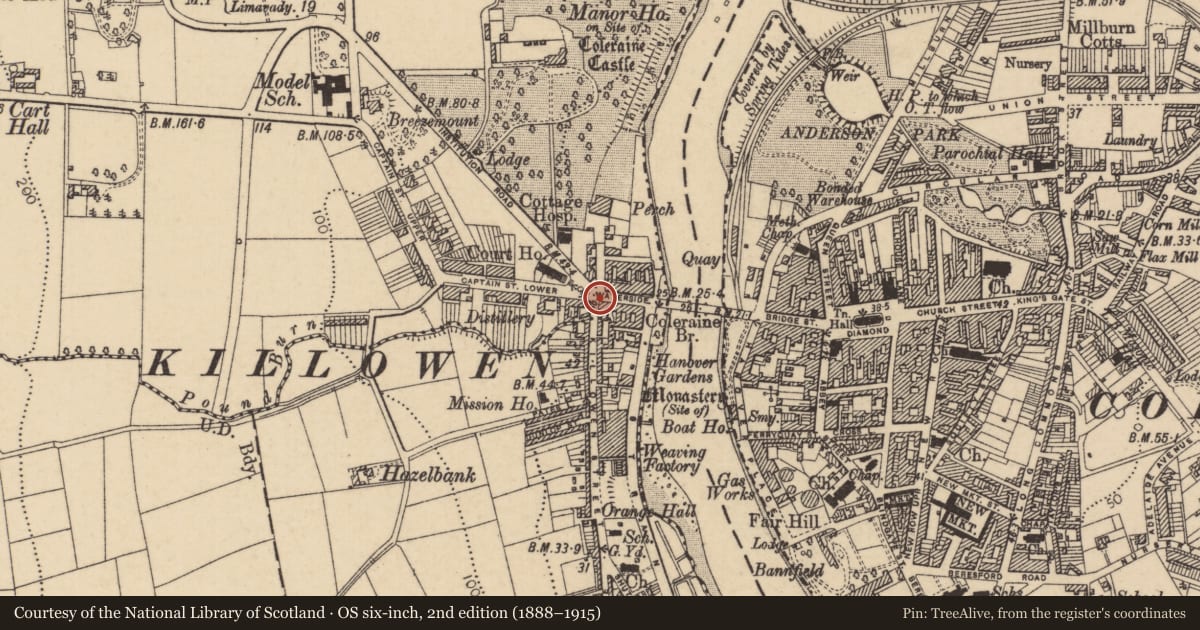 Ordnance Survey six-inch map, 2nd edition (1888–1915) covering the location of 20 Waterside, Causeway Coast and Glens, with a pin at the register's coordinates