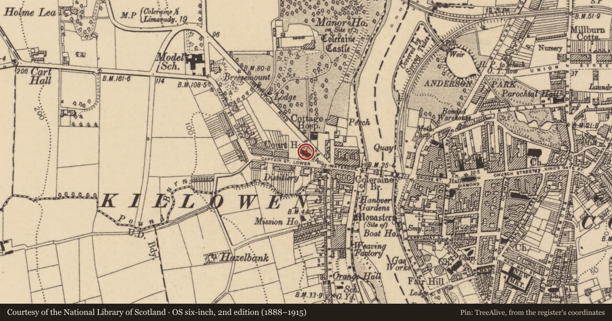 Ordnance Survey six-inch map, 2nd edition (1888–1915) covering the location of Former Court House, Coleraine and Suburbs, Causeway Coast and Glens, with a pin at the register's coordinates