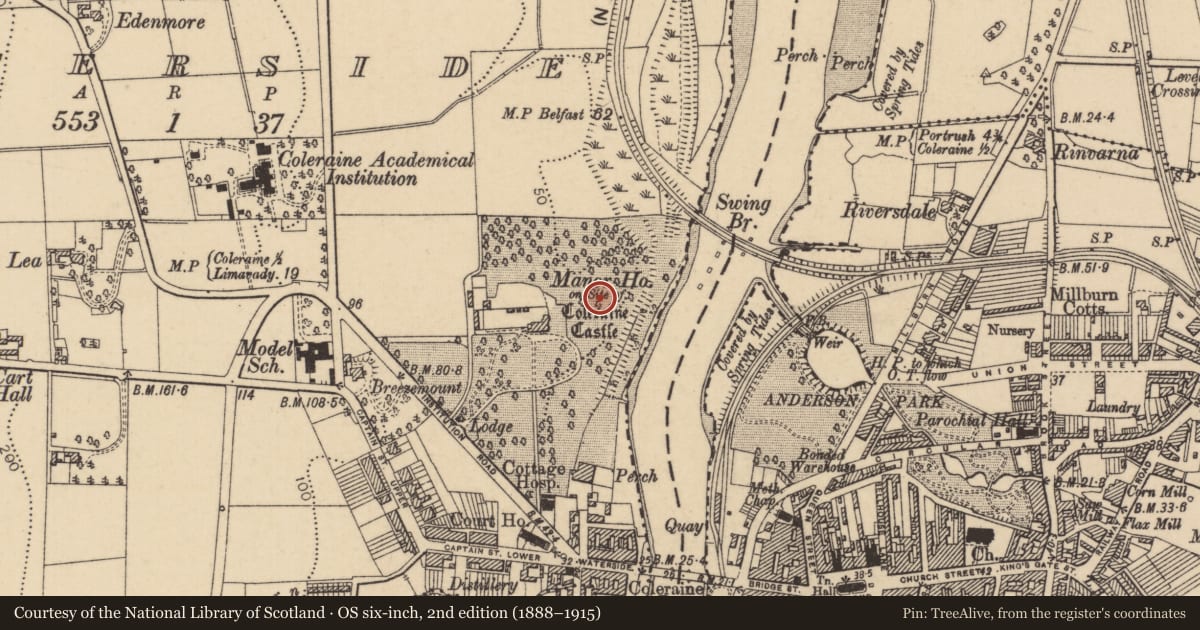 Ordnance Survey six-inch map, 2nd edition (1888–1915) covering the location of Manor House, Causeway Coast and Glens, with a pin at the register's coordinates