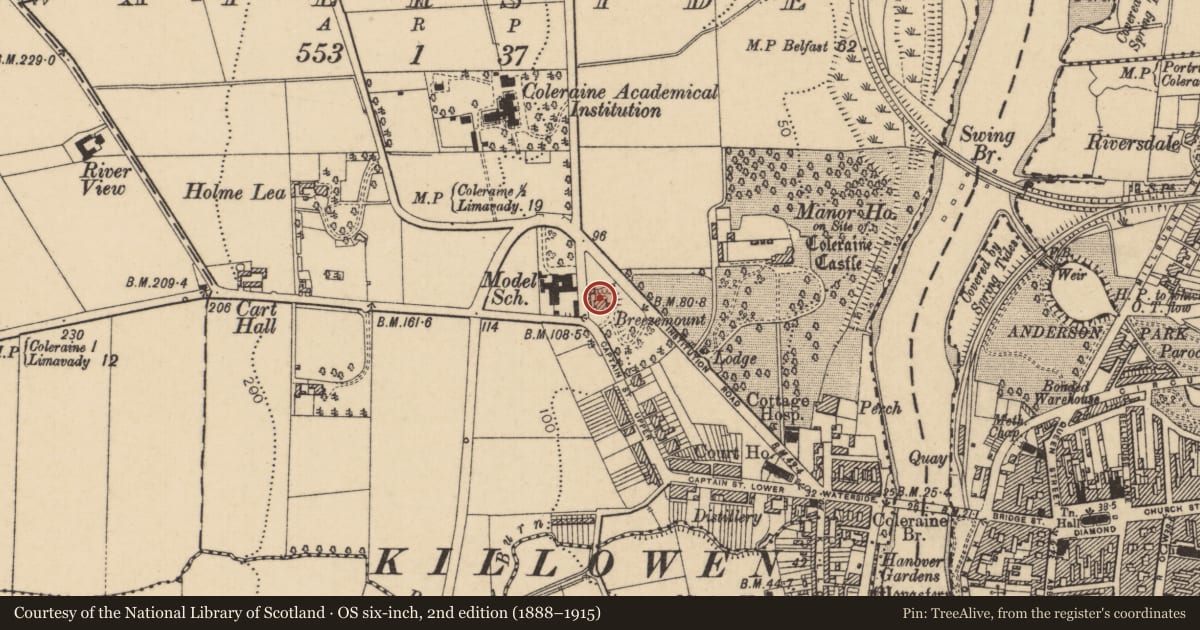 Ordnance Survey six-inch map, 2nd edition (1888–1915) covering the location of Breezemount House, Coleraine and Suburbs, Causeway Coast and Glens, with a pin at the register's coordinates