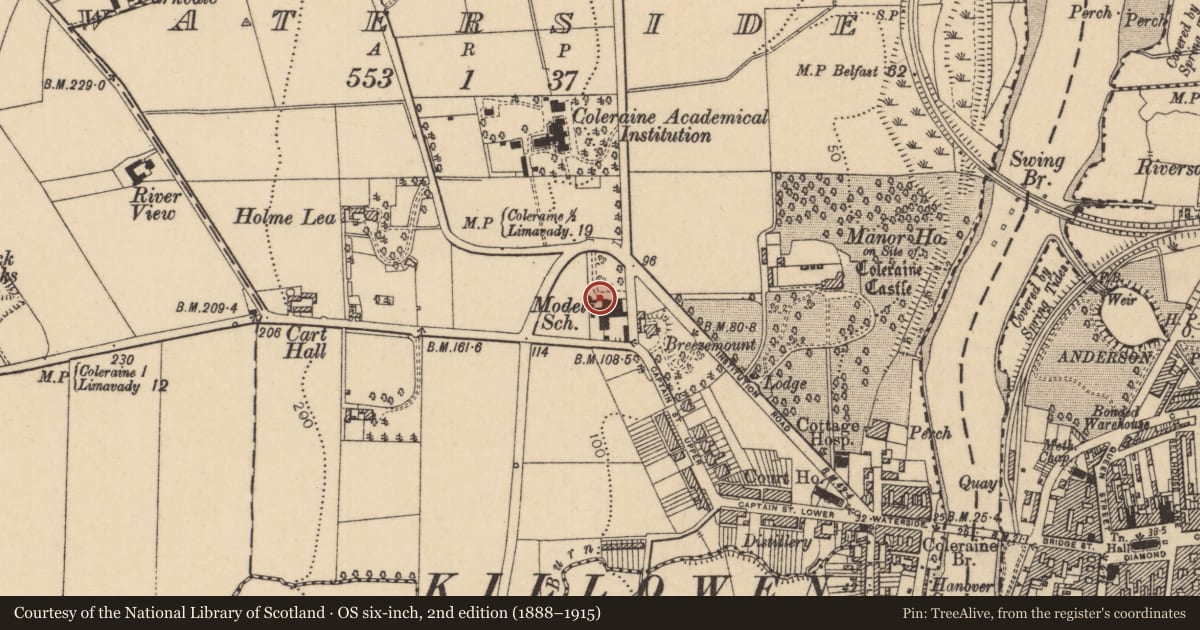 Ordnance Survey six-inch map, 2nd edition (1888–1915) covering the location of Model School, Causeway Coast and Glens, with a pin at the register's coordinates