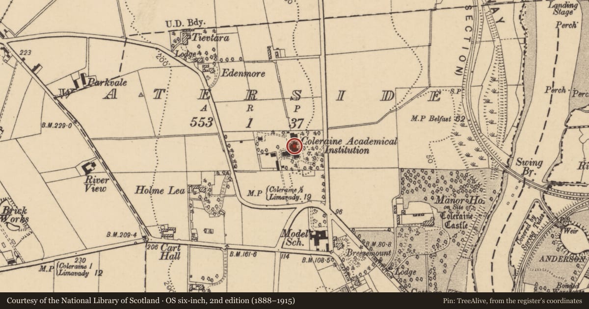 Ordnance Survey six-inch map, 2nd edition (1888–1915) covering the location of Coleraine Academical Institution, Causeway Coast and Glens, with a pin at the register's coordinates