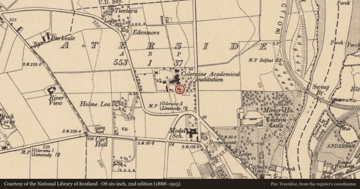 Ordnance Survey six-inch map, 2nd edition (1888–1915) covering the location of Arch, Coleraine and suburbs, Causeway Coast and Glens, with a pin at the register's coordinates