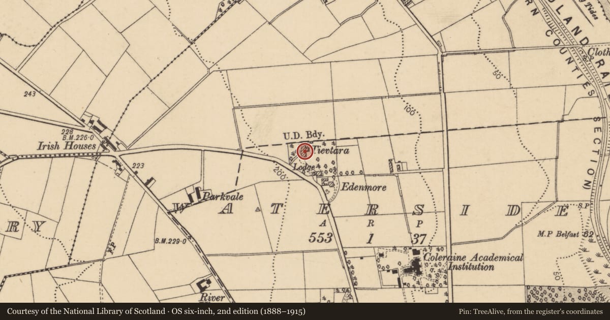 Ordnance Survey six-inch map, 2nd edition (1888–1915) covering the location of Loreto Convent, Causeway Coast and Glens, with a pin at the register's coordinates