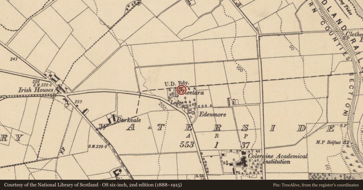 Ordnance Survey six-inch map, 2nd edition (1888–1915) covering the location of Loreto Convent Chapel, Causeway Coast and Glens, with a pin at the register's coordinates