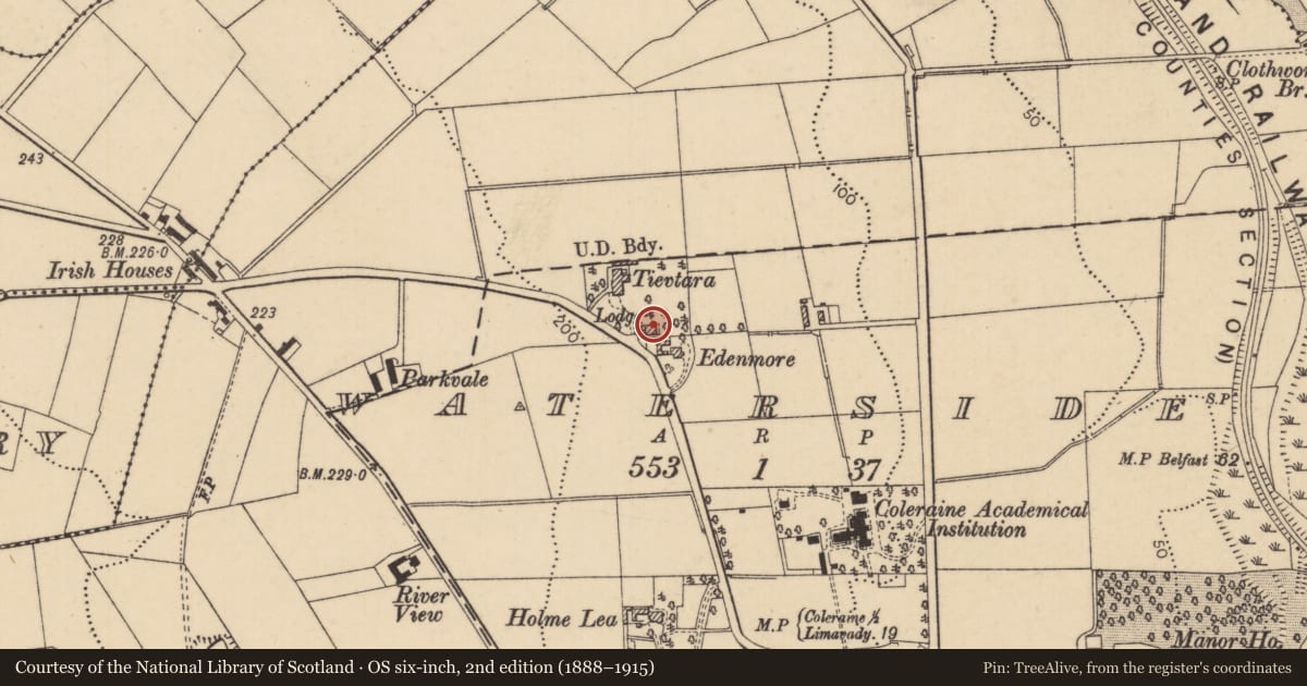 Ordnance Survey six-inch map, 2nd edition (1888–1915) covering the location of Gate Lodge to Loreto Convent, Causeway Coast and Glens, with a pin at the register's coordinates