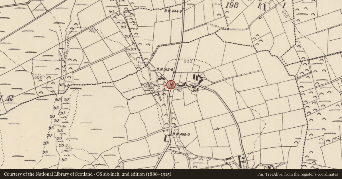 Ordnance Survey six-inch map, 2nd edition (1888–1915) covering the location of Fell Cottage, Causeway Coast and Glens, with a pin at the register's coordinates