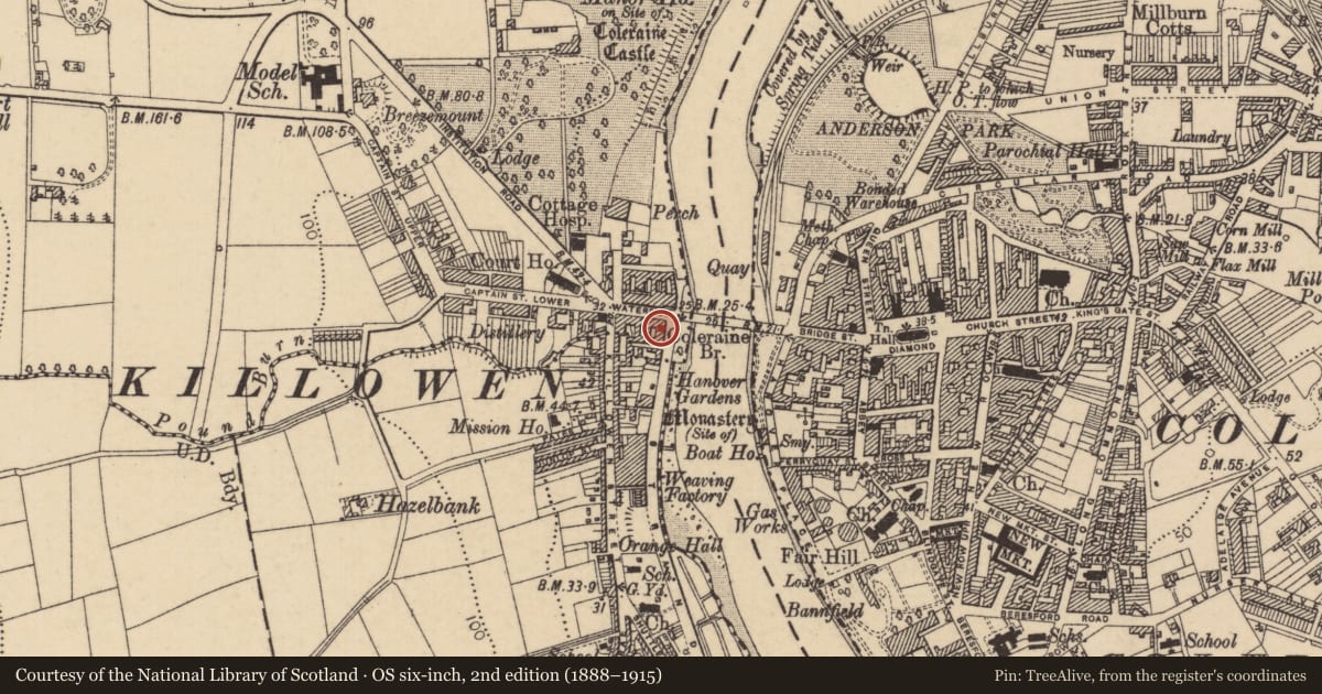 Ordnance Survey six-inch map, 2nd edition (1888–1915) covering the location of 1 Strand Road, Coleraine and Suburbs, Causeway Coast and Glens, with a pin at the register's coordinates