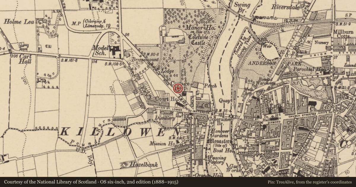Ordnance Survey six-inch map, 2nd edition (1888–1915) covering the location of Former Mary Rankin Hospital, Causeway Coast and Glens, with a pin at the register's coordinates