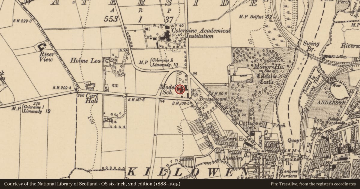 Ordnance Survey six-inch map, 2nd edition (1888–1915) covering the location of Coleraine Boys School, Causeway Coast and Glens, with a pin at the register's coordinates