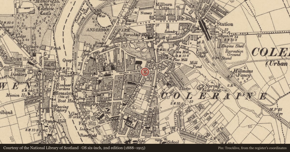 Ordnance Survey six-inch map, 2nd edition (1888–1915) covering the location of 3 Kingsgate Street, Coleraine, Causeway Coast and Glens, with a pin at the register's coordinates