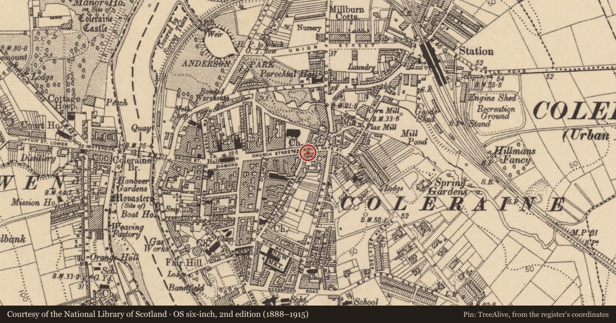 Ordnance Survey six-inch map, 2nd edition (1888–1915) covering the location of 5 Kingsgate Street, Coleraine, Causeway Coast and Glens, with a pin at the register's coordinates