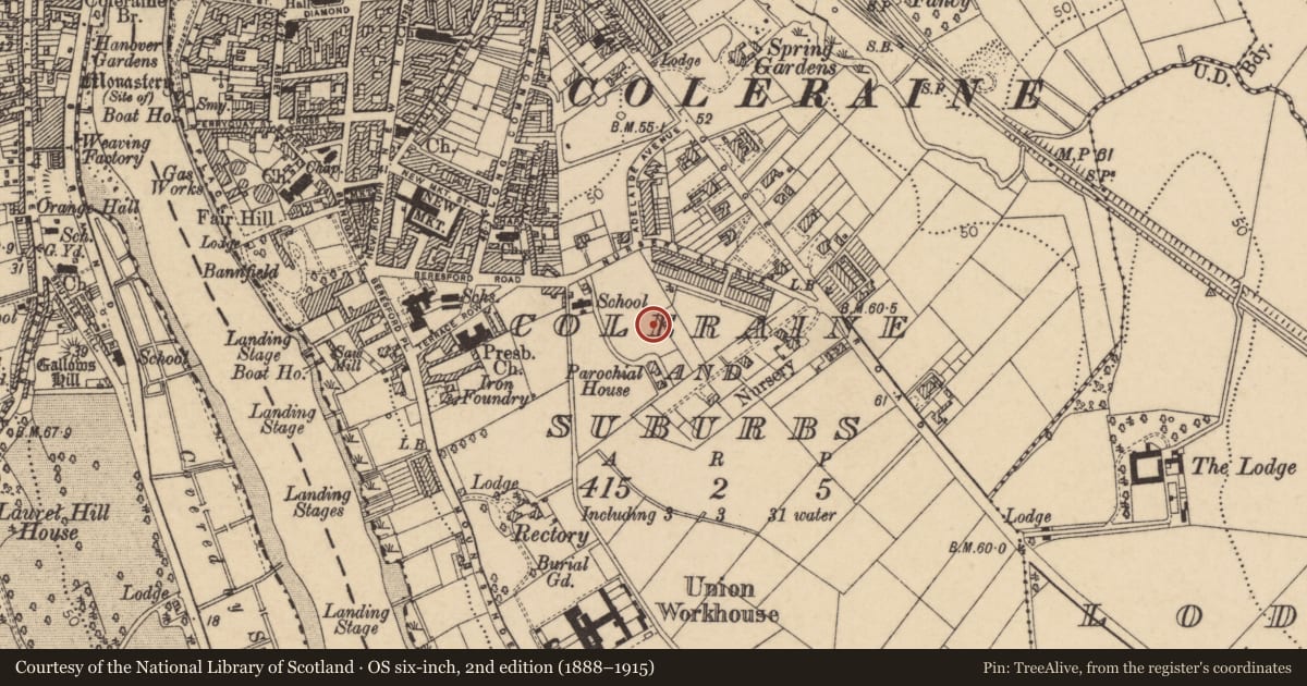 Ordnance Survey six-inch map, 2nd edition (1888–1915) covering the location of St Malachy's Roman Catholic Church, Coleraine and Suburbs, Causeway Coast and Glens, with a pin at the register's coordinates