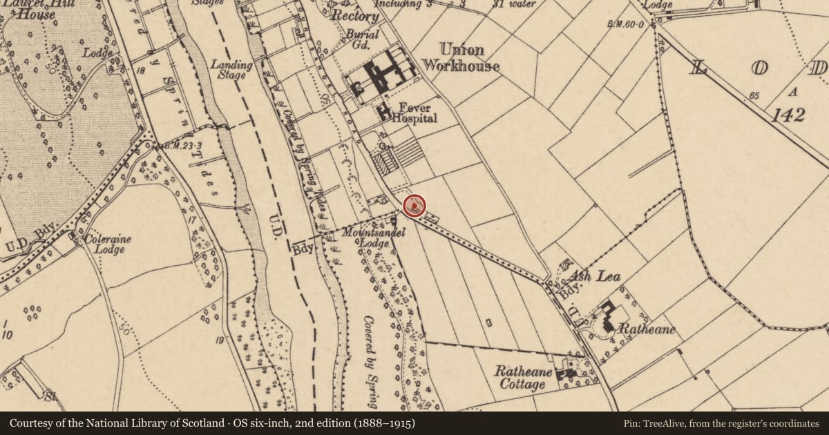 Ordnance Survey six-inch map, 2nd edition (1888–1915) covering the location of Mountsandel Cottage, Coleraine, Causeway Coast and Glens, with a pin at the register's coordinates
